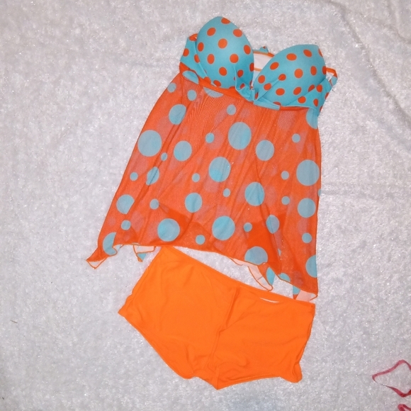 Other - Orange & Blue polka dot strapless tankini